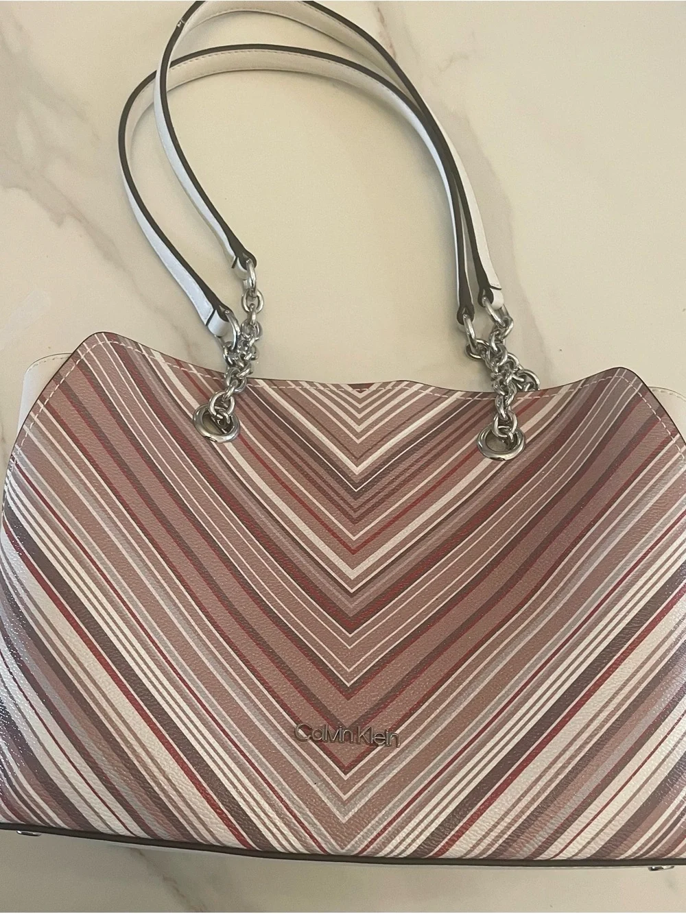Calvin Klein Striped Chevron Tote Bag in Blush and Cream - Picture 4 of 6